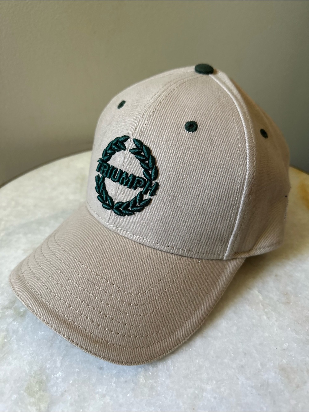 Moss Motors Tan Triumph Wreath Hat Embroidered Tan Baseball Cap Neutral Trucker